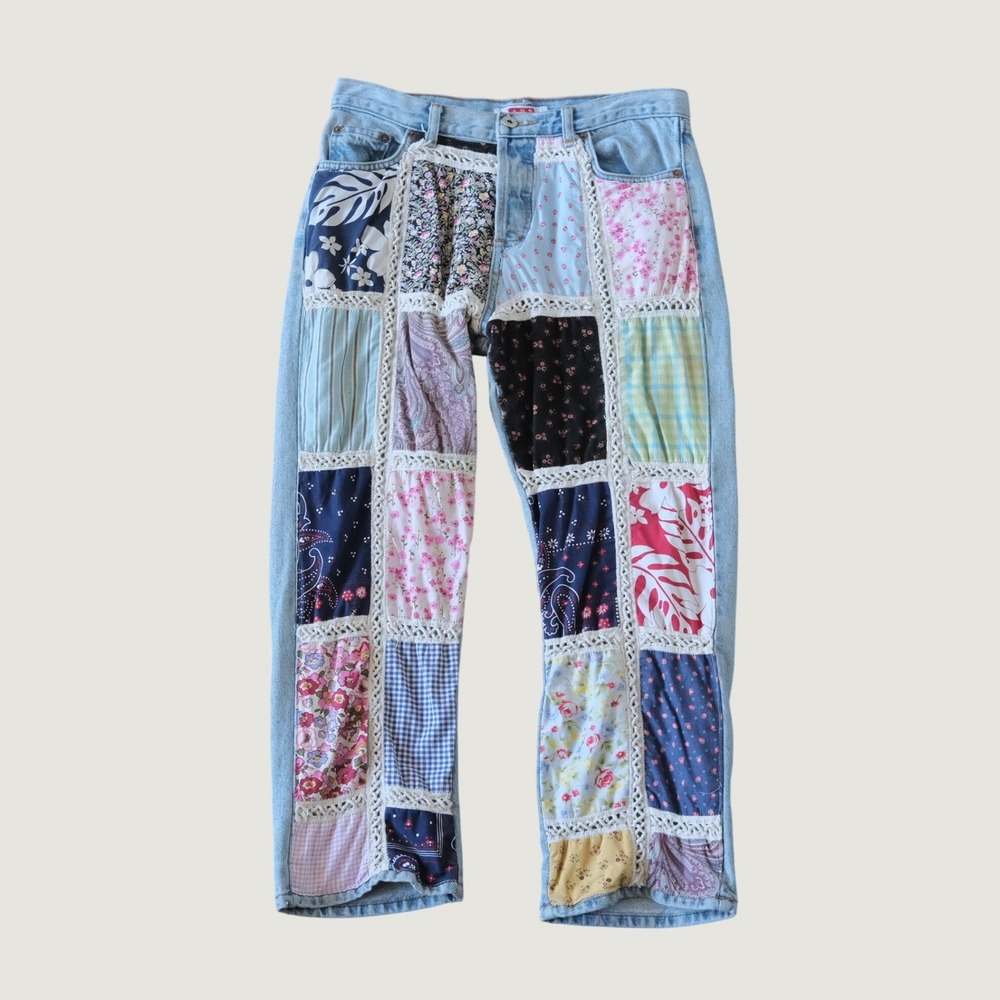 ABS Jeans Women Blue Patchwork Floral Crochet Lace Vintage Y2K 28 Straight Leg